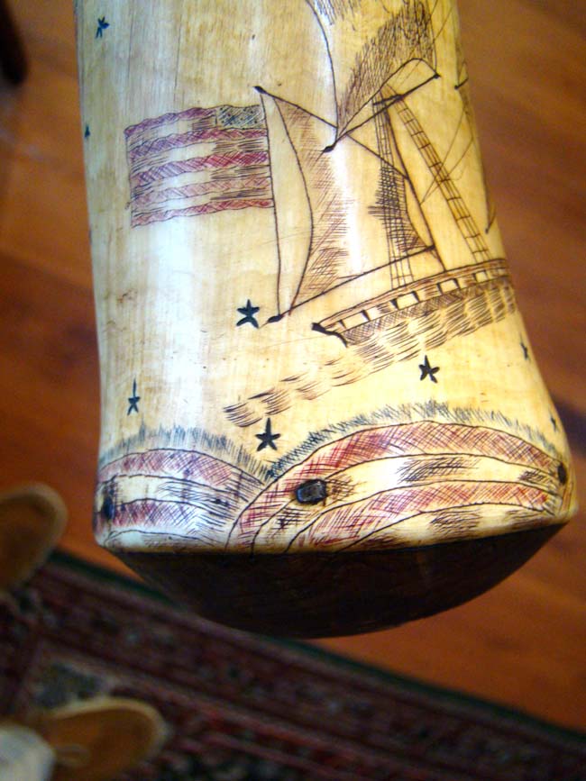 A rare and unbelievably beautiful American polycrome decorated and sailor carved patriotic powder horn circa 1810-1830 — image 10